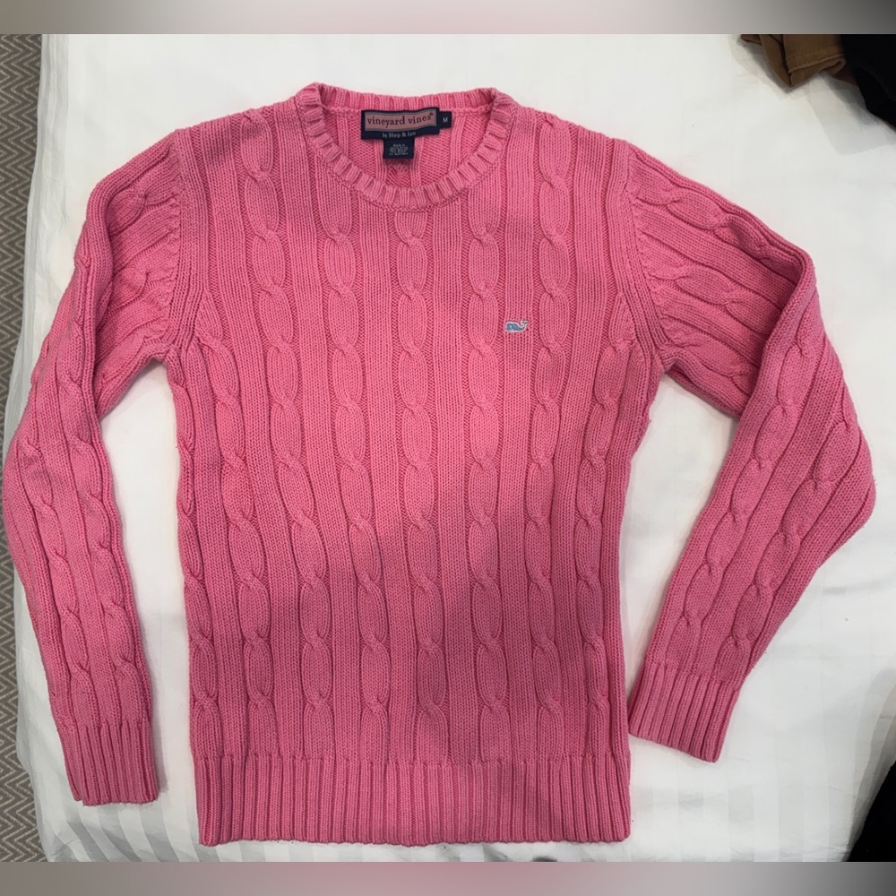 Vineyard Vines Pink Cable Knit Crewneck Sweater Medium (Fits Small) whale logo